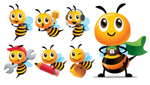 Cartoon cute bee character series with different type of poses. Cute Bee with superhero costume, holding pencil, holding honey dripper and honey pot, holding spanner - mascot set
