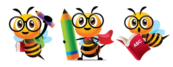 Bee, okul setine dön. Çizgi film sevimli arı eğitimi karakter seti. Çizgi filmlerdeki sevimli arılar kocaman bir öğrenme kitabı ve büyük kalemler tutuyorlar. Süper kahraman Arı okula giderken pelerin giyer - Vektör maskotu seti