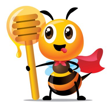 Süper kahraman kostümlü ve elinde ballı şeker bir arı. Şirin arı balla lezzetli hisseder. - Maskot karakter.