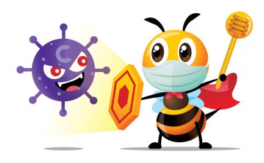 Virüsle savaş. Coronavirus Covid-19, düşman ve bakterilere karşı korumak için cerrahi maske takan, kalkan ve bal kapanı tutan sevimli süper kahraman arılar.