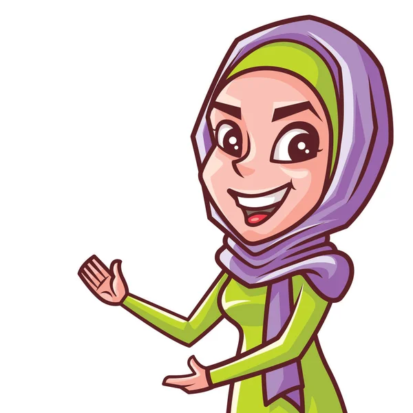 Uśmiechnięty Młody Muzułmanin Postać Kobiety Hidżabie Prezentując Coś Jej Pustej — Wektor stockowy
