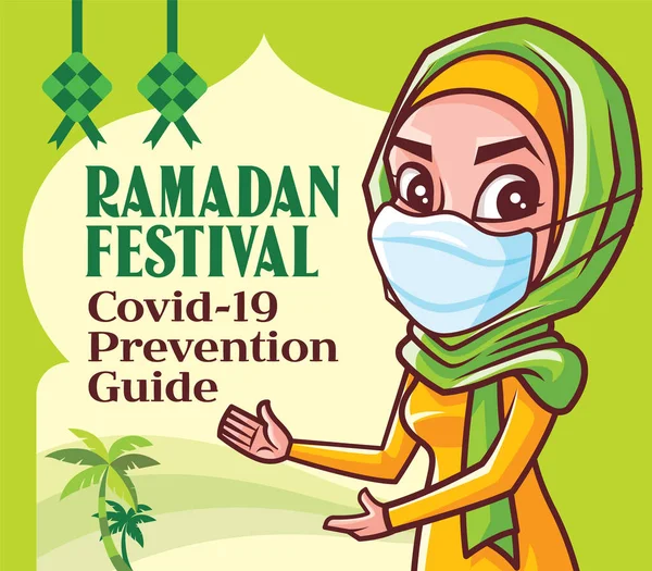 Cartoon Donna Musulmana Con Hijab Indossare Maschera Medica Prevenire Contro — Vettoriale Stock