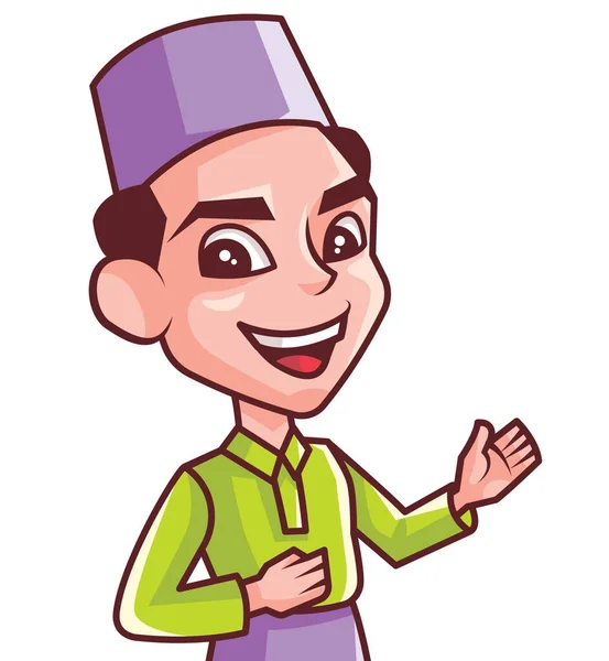 Uśmiechnięty Młody Muzułmanin Stroju Songkok Malay Prezentujący Wskazujący Coś Białej — Wektor stockowy