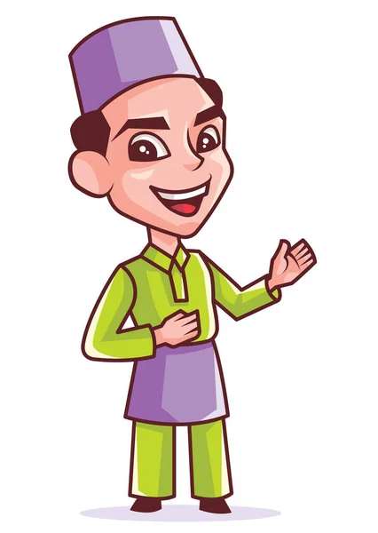 Przystojny Uśmiech Młody Muzułmanin Człowiek Songkok Malajski Kostium Prezentując Wskazując — Wektor stockowy