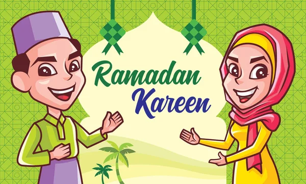 Ramadan Kareem. Cartoon Muslim prayers at Mosque window shape and islamic decorations background on Islamic Festival. Muslim man and woman celebrating Fasting month festival