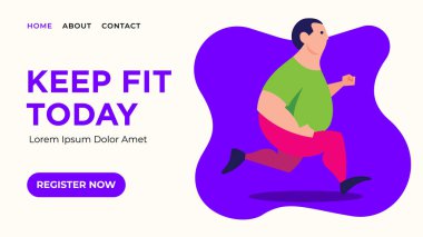 Fitness web afişi için iniş sayfası. Şişman adam düz tasarım yapıyor..