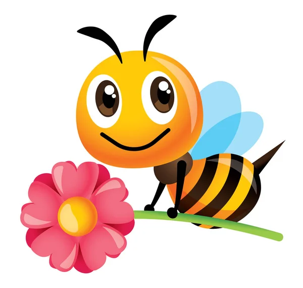 Мультфильм Симпатичная Пчела Держит Розовый Цветок Большой Улыбкой Векторный Персонаж — стоковый вектор