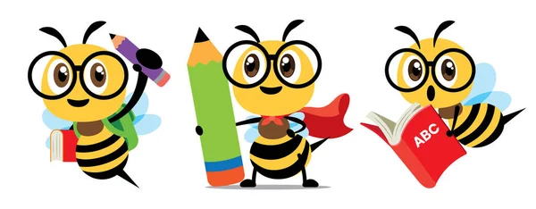 漫画かわいい蜂の教育に戻る学校には巨大な学習本と大きな鉛筆を保持して設定します スーパーヒーロービーは 学校のフラットデザインに戻ってマントを着用 — ストックベクタ