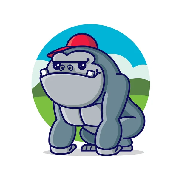 Dessin Animé Mignon Roi Gorille Kong Portant Casquette Rouge Avec — Image vectorielle