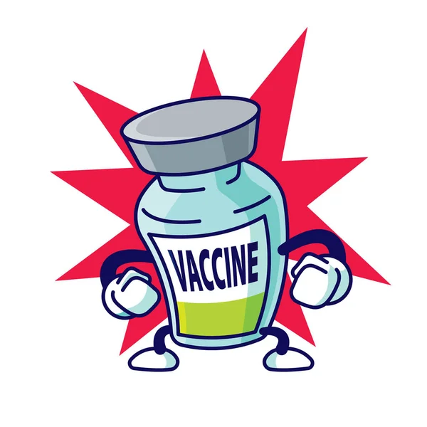 Cartone Animato Forte Vaccino Bottiglia Personaggio Potere Esplosione Sfondo Vettore — Vettoriale Stock