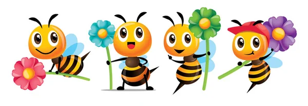 Κινούμενο Χαριτωμένο Μέλισσα Σειρά Χαμόγελο Κρατώντας Μεγάλα Πολύχρωμα Λουλούδια Μασκότ — Διανυσματικό Αρχείο