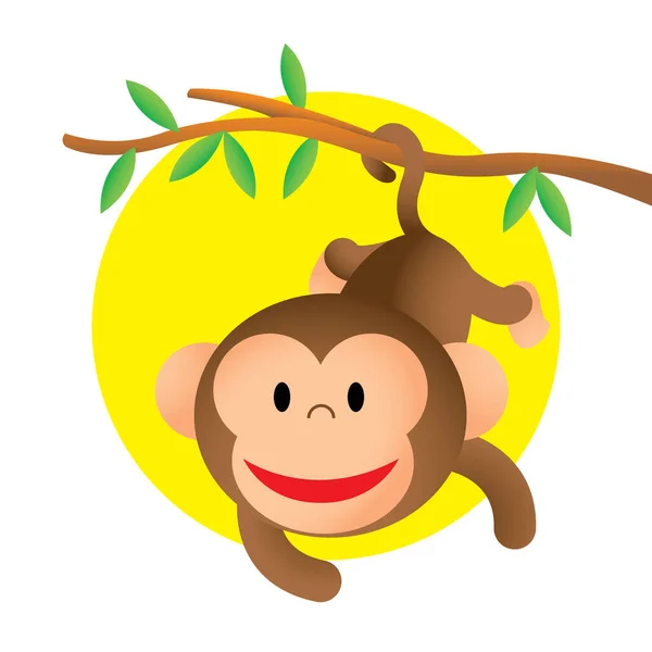 Cartoon Cute Smiling Monkey Hanging Swinging Tree Branch Tail — Stock Vector