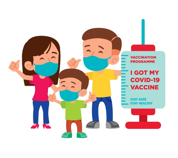 Genitore Vaccinato Bambino Che Mostrano Pollice Con Campagna Vaccinazione Baccalà — Vettoriale Stock
