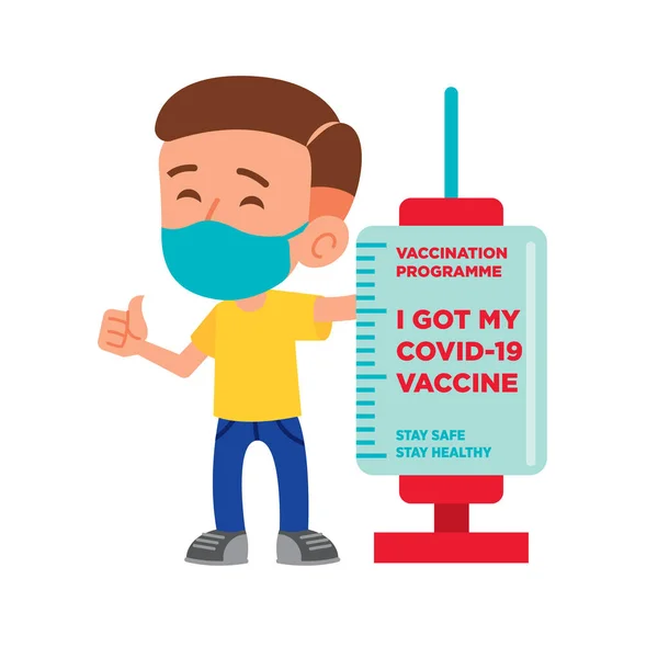 Man Met Gezichtsmasker Injecteren Staan Naast Vaccinatiecampagne Signboard Illustratie Vector — Stockvector