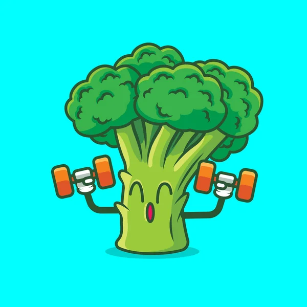 Kartun Lucu Brokoli Sayuran Latihan Dengan Dumbel Maskot Vektor - Stok Vektor