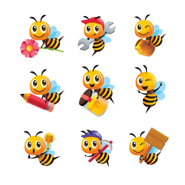 さまざまなポーズでかわいい蜂の漫画のコレクションセット ミツバチは 蜂蜜の鍋 鉛筆や看板を運ぶ ベクトル文字セット — ストックベクタ
