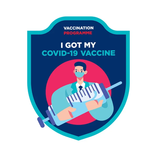 疫苗接种运动 头戴面罩 头戴巨大注射器针头的医生平面设计 — 图库矢量图片