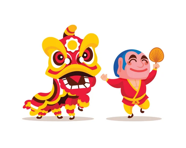 Плоский Дизайн Танца Льва Большой Головой Будды Празднования Китайского Нового — стоковый вектор