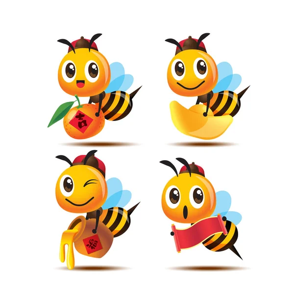 Collection Set Cartoon Cute Bee Wearing Chinese Traditional Costume Holding — Stock Vector