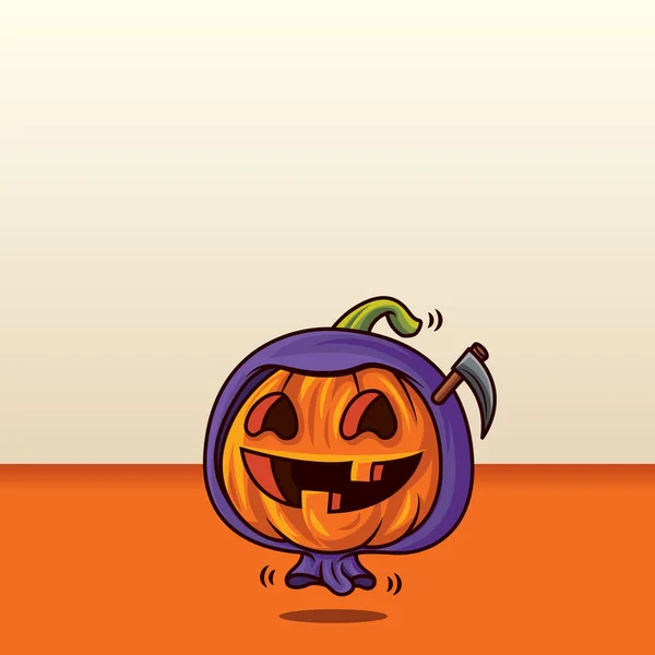 Šťastný Halloween Karikatura Roztomilé Dýně Chmurným Žnec Kostým Prázdném Pozadí — Stockový vektor