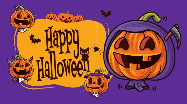 Joyeux Halloween Cartoon Citrouilles Mignonnes Avec Différents Visages Drôles Sur — Image vectorielle