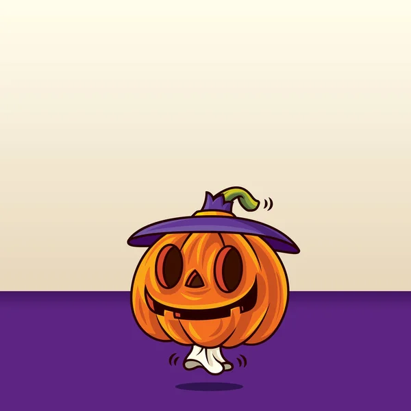 Joyeux Halloween Caricature Mignonne Citrouille Avec Chapeau Sorcière Sur Fond — Image vectorielle