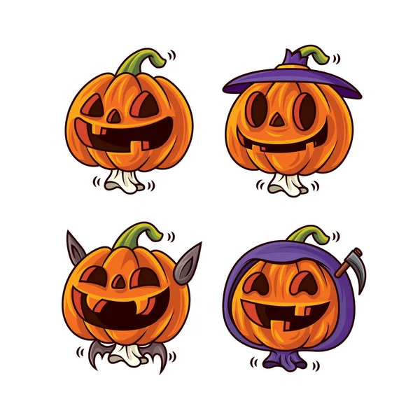 Rajzfilm Készlet Aranyos Halloween Tök Különböző Vicces Arcok Halloween Jelmezek — Stock Vector