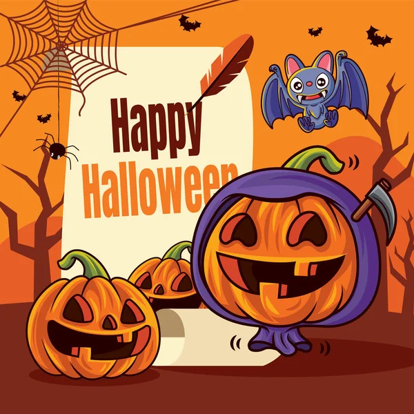 Joyeux Halloween Caricature Mignonne Citrouille Orange Avec Costume Faucheuse Sinistre — Image vectorielle
