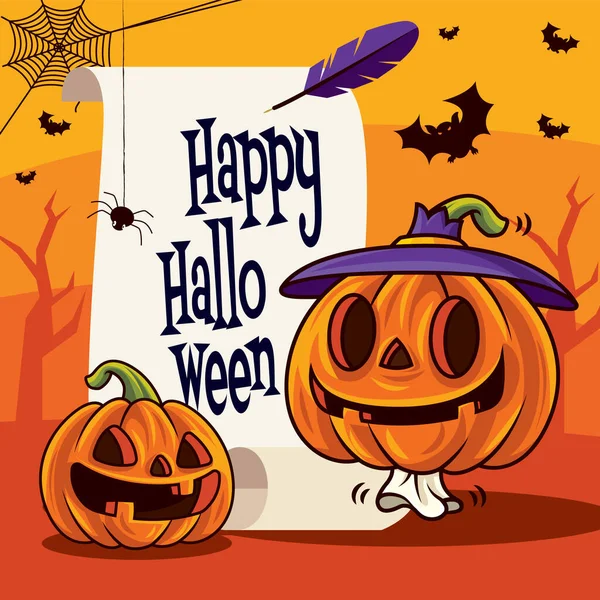 Joyeux Halloween Jack Lanterne Halloween Citrouille Avec Défilement Vintage Salutations — Image vectorielle