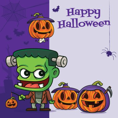 Cadılar bayramı tabelasında çeşitli komik balkabaklı şirin Frankenstein canavarı.