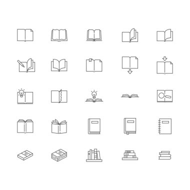 Kitap simgeleri ayarlandı. Doğrusal biçim sembolleri koleksiyonu, ana tabela işaretleri paketi. Vektör grafikleri. Ayar simgeleri kitap ayracı, ders kitabı, not defteri, kütüphane, kitaplık, kitaplık içeren açık kitap sayfası olarak içer