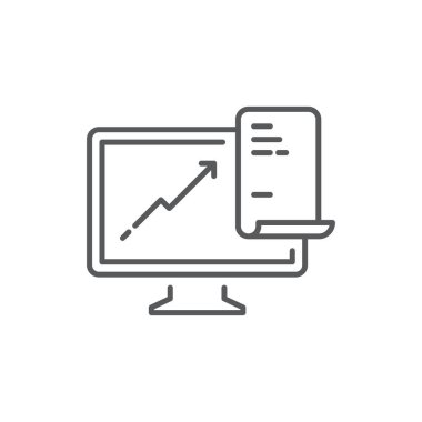 İş grafiği grafik ikonu, renk, çizgi, taslak vektör işareti, beyaz üzerine izole doğrusal resim çizimi içeren bilgisayar monitörü. Sembol, logo çizimi. Düzenlenebilir felç. Piksel mükemmel