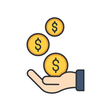 Bozuk para simgesi, renk, çizgi, dış hat vektör işareti, beyaz üzerine izole edilmiş doğrusal resim. Sembol, logo illüstrasyonu