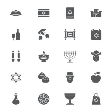 Judaism icons set, outline, glyph. filled vector symbol collection. Signs, logo illustration. Set includes icons as jewish holiday hanukkah, david star, food and drinks