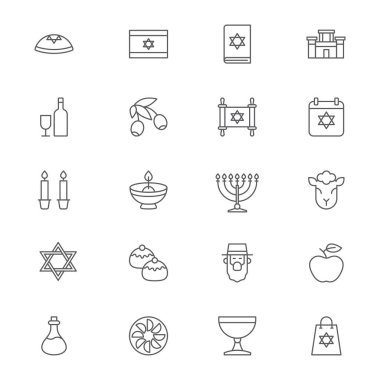 Judaism icons set, outline, glyph. filled vector symbol collection. Signs, logo illustration. Set includes icons as jewish holiday hanukkah, david star, food and drinks