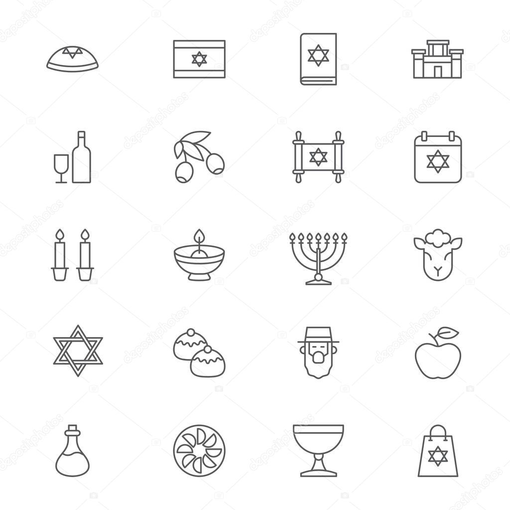 Judaism icons set, outline, glyph. filled vector symbol collection. Signs, logo illustration. Set includes icons as jewish holiday hanukkah, david star, food and drinks