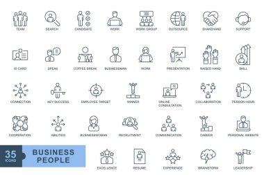 İş adamları, insan kaynakları, ofis yönetimi ince çizgi ikonu vektör doğrusal resim beyaz üzerine izole edilmiş. 