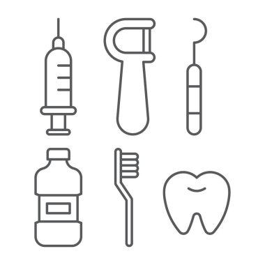 Diş beyazlatma konsepti, ağız gargargarası plastik şişe ve diş sağlığı şırıngası, diş fırçası, diş ipi, diş fırçası