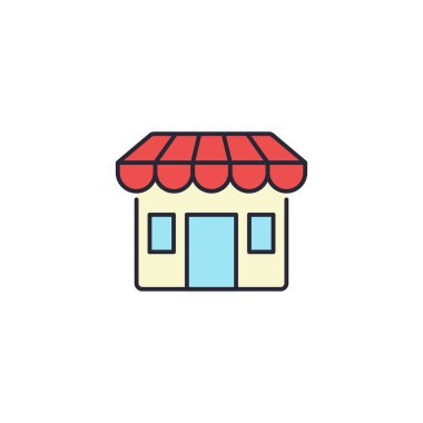 Mağaza simgesi, renk, çizgi, taslak vektör işareti, beyaz üzerine izole edilmiş doğrusal resim. Sembol, logo illüstrasyonu