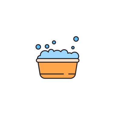 Sabun köpüğü ikonuna sahip plastik leğen izole edilmiş arka plan. Sulu kase. Çamaşır yıkama, temizlik malzemeleri. Vektör İllüstrasyonu