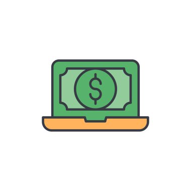 Koyu mavi arkaplanda dolar sembolü olan altın çizgili dizüstü bilgisayar. İnternetten alışveriş konsepti. İnternet ve pazarlama gelirleri.