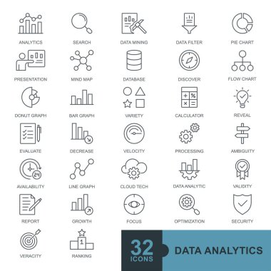 Data analysis, statistics, analytics minimal thin line, glyph, filled color, solid web icon set icons collection. Simple vector illustration