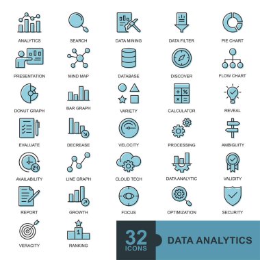 Data analysis, statistics, analytics minimal thin line, glyph, filled color, solid web icon set icons collection. Simple vector illustration