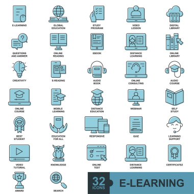 Çevrimiçi eğitim unsurlarını öğrenme, asgari ince çizgi, katı, kabartma, doldurulmuş, simge - simge koleksiyonu yaptığımız renk