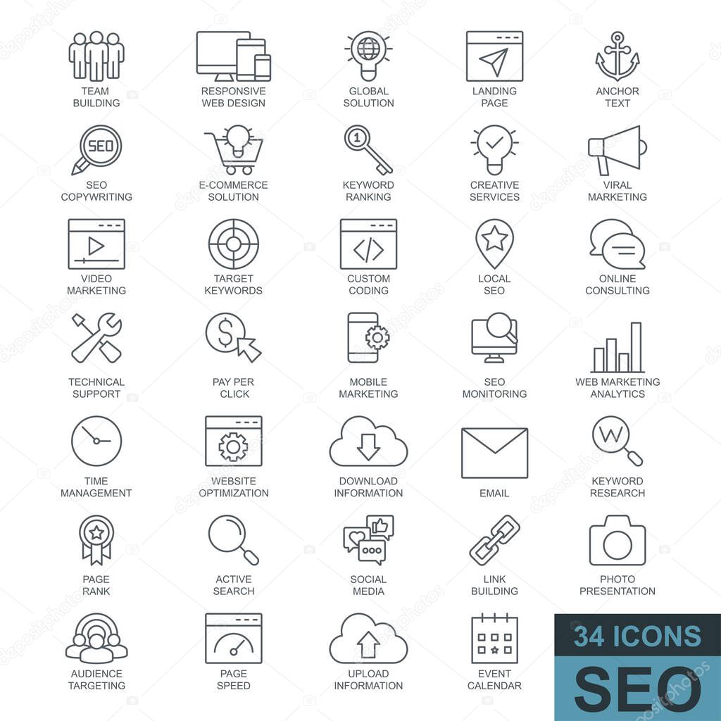 Search Engine Optimization. Thin line, glyph, filled web icon collection. Simple vector illustration.
