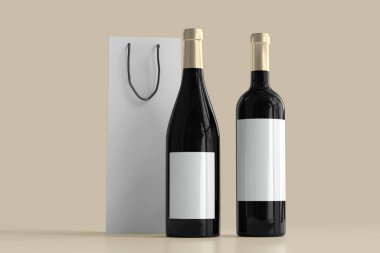 Boş Etiketli Kırmızı Şarap Şişe ve Alışveriş Torbası