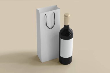 Boş Etiketli Kırmızı Şarap Şişe ve Alışveriş Torbası