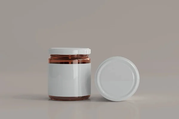 Amber Glass Food Jar Etichetă Goală Redare — Fotografie, imagine de stoc