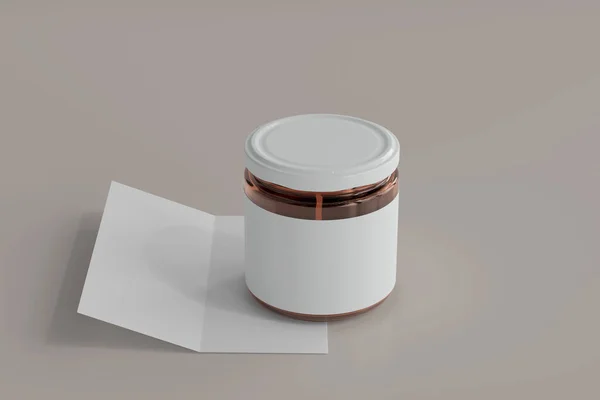 Blank Label Amber Glass Food Jar Fold Brochure Rendering — 스톡 사진