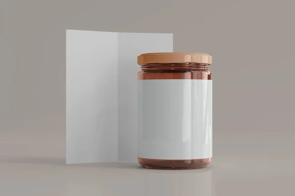 Blank Label Amber Glass Food Jar Fold Brochure Rendering — Stock Photo, Image